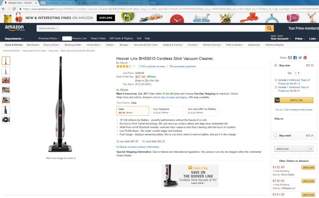 [Amazon] Hoover Linx BH50010 Cordless Stick Vacuum Cleaner (87/프라임 무료