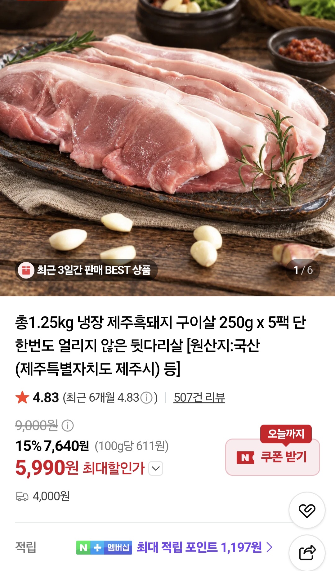 총1.25kg 냉장 제주흑돼지 구이살 250g x 5팩 외(5,990원/네멤2팩무료)